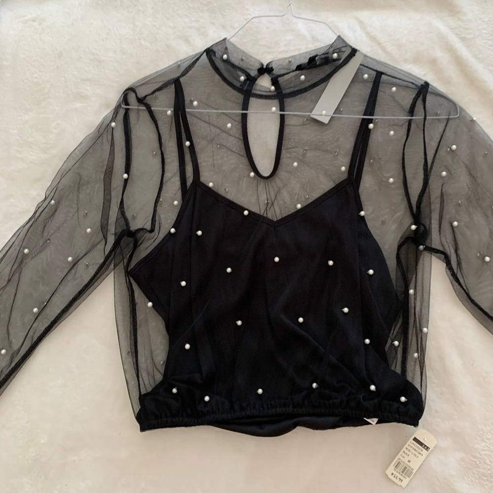 Elegant Black Sheer Pearl-Embellished Top